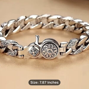 Pure S925 Sterling Silver Chain 20cmSix Words Vajra Curb Link Bracelet Unisex